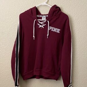 PINK Victoria's Secret Burgundy Lace-Up Hoodie has side pockets. Great condition